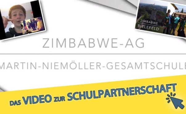 Das Bild zeigt einen Ausschnitt vom dem Video der Zimbabwe AG. In der Mitte ist der Titel: „Zimbabwe- AG Martin Niemöller Gesamtschule“ zu lesen.