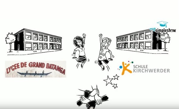 Auf dem Bild sieht man die Logos und die Gebäude der zwei Partnerschulen: Lycee de Grand Batanga und Schule Kirchwerder